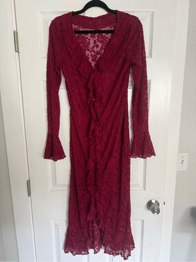 SHEIN Burgundy Lace Ruffle Front Long Button Down Sleeve Dress